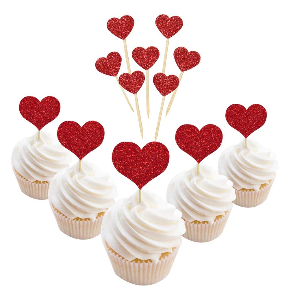 Glitter Heart Cupcake Toppers,50 PCS Love Valentine's Day Food Picks Cake Decorations for Wedding Bridal Birthday Party Baby Shower