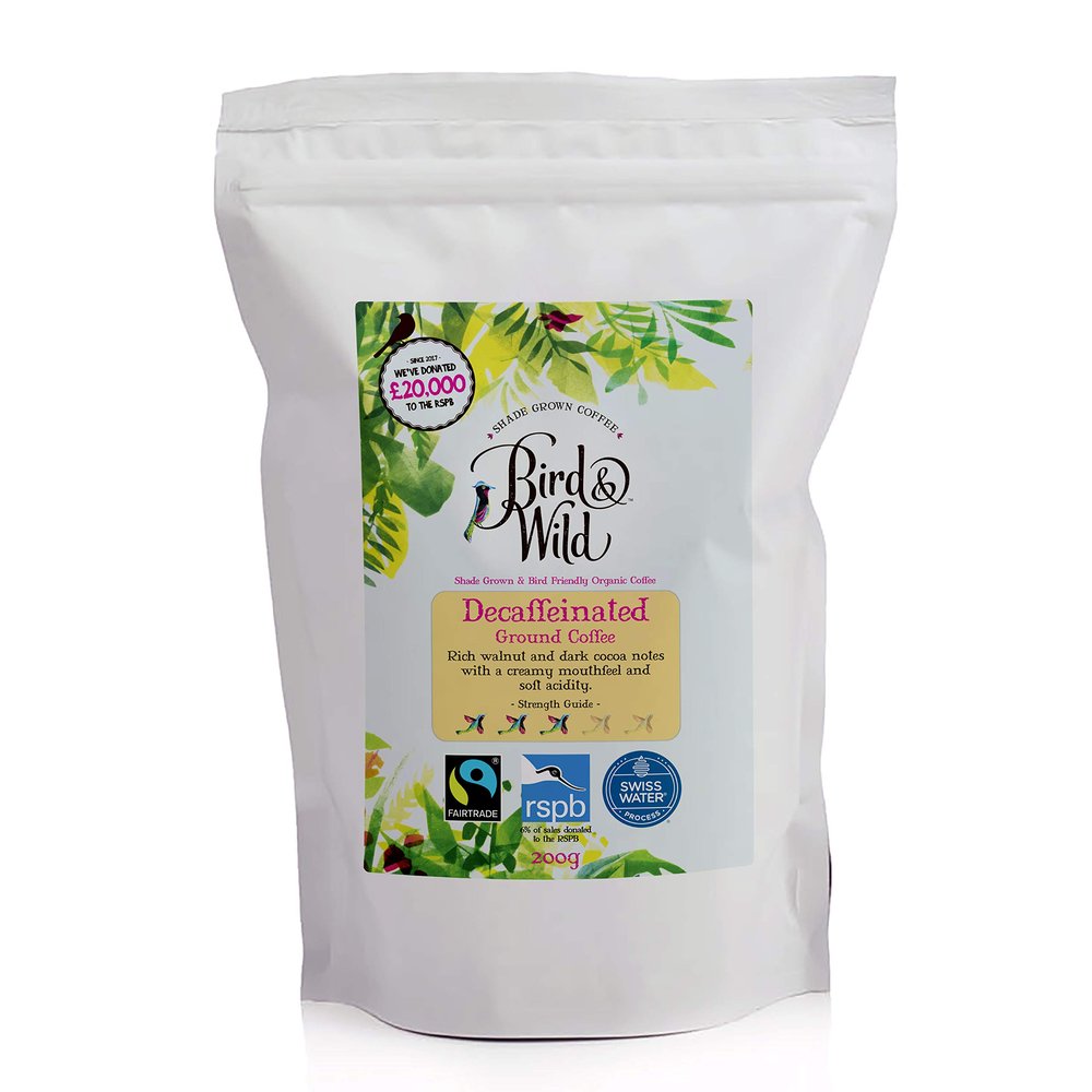 Fairtrade Organic Decaf Ground Coffee 200g - Ideal For French Press Cafetiere Filter Drip V60 Aeropress - Swiss Water Decaffeinated Process - Bird & Wild - Donation to RSPB - Strength 3