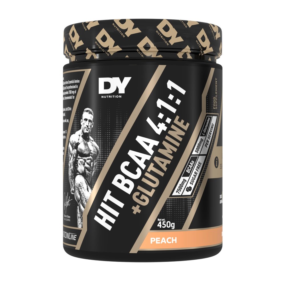 DY Nutrition HIT BCAA 4:1:1 + Glutamine, 450g, 30 Servings (Peach Flavour) Branch Chain Amino Acid Powder Drink for Optimal Pump & Performance | Pre & Intra Workout Supplement