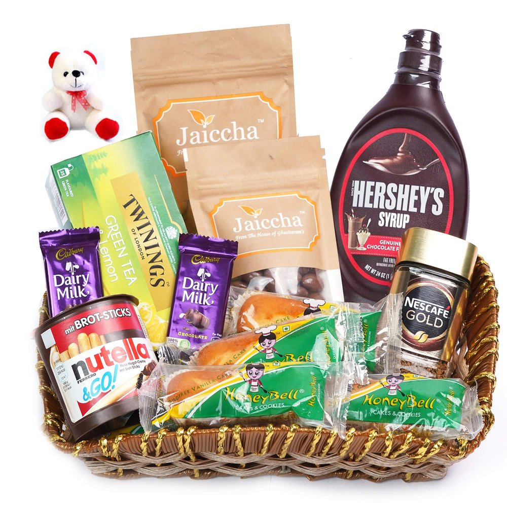 Jaiccha Ghasitaram Brown Cane Like Basket Hamper of 18 Goodies with Teddy|Gift for Diwali,Holi,Rakhi,Valentine,Christmas,Birthday,Anniversary,Her,Him|