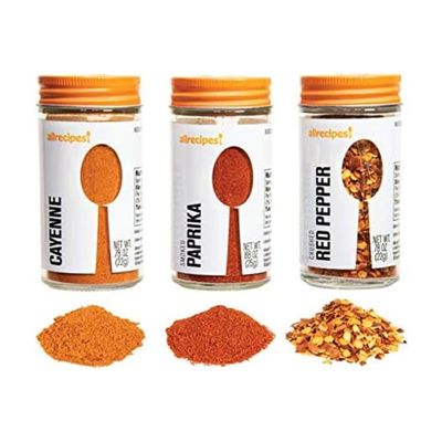 AllRecipes Spicy & Smokey Set (Cayenne, Smoked Paprika, Crushed Red Pepper) in Glass Jars with Removable Sifter Caps for Sprinkling, Set of 3