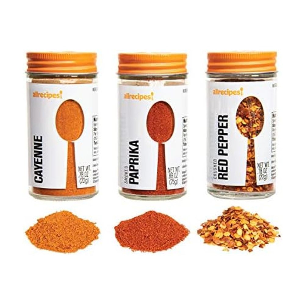 AllRecipes Spicy & Smokey Set (Cayenne, Smoked Paprika, Crushed Red Pepper) in Glass Jars with Removable Sifter Caps for Sprinkling, Set of 3
