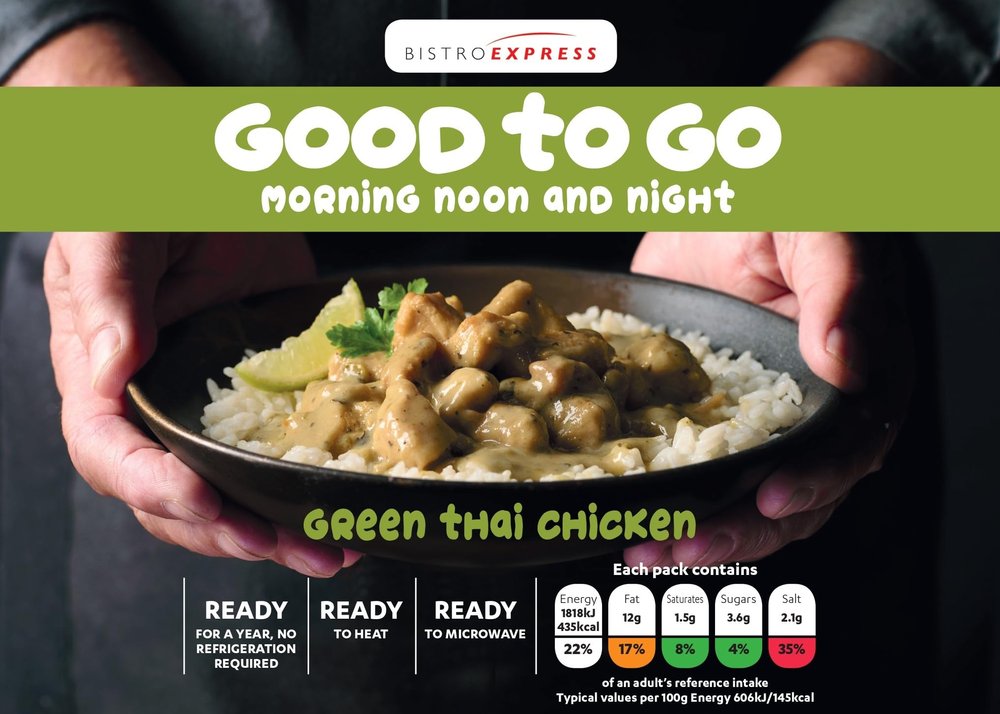 Bistro Express Green Thai Chicken, Chicken Pieses in a Traditonal Green Curry Sauce with Ric 6 x 300g Long Life Ready Meal