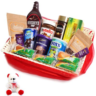 Jaiccha Ghasitaram Red Net Basket Hamper of 21 Goodies with Teddy|Gift for Diwali,Holi,Rakhi,Valentine,Christmas,Birthday,Anniversary,Her,Him|