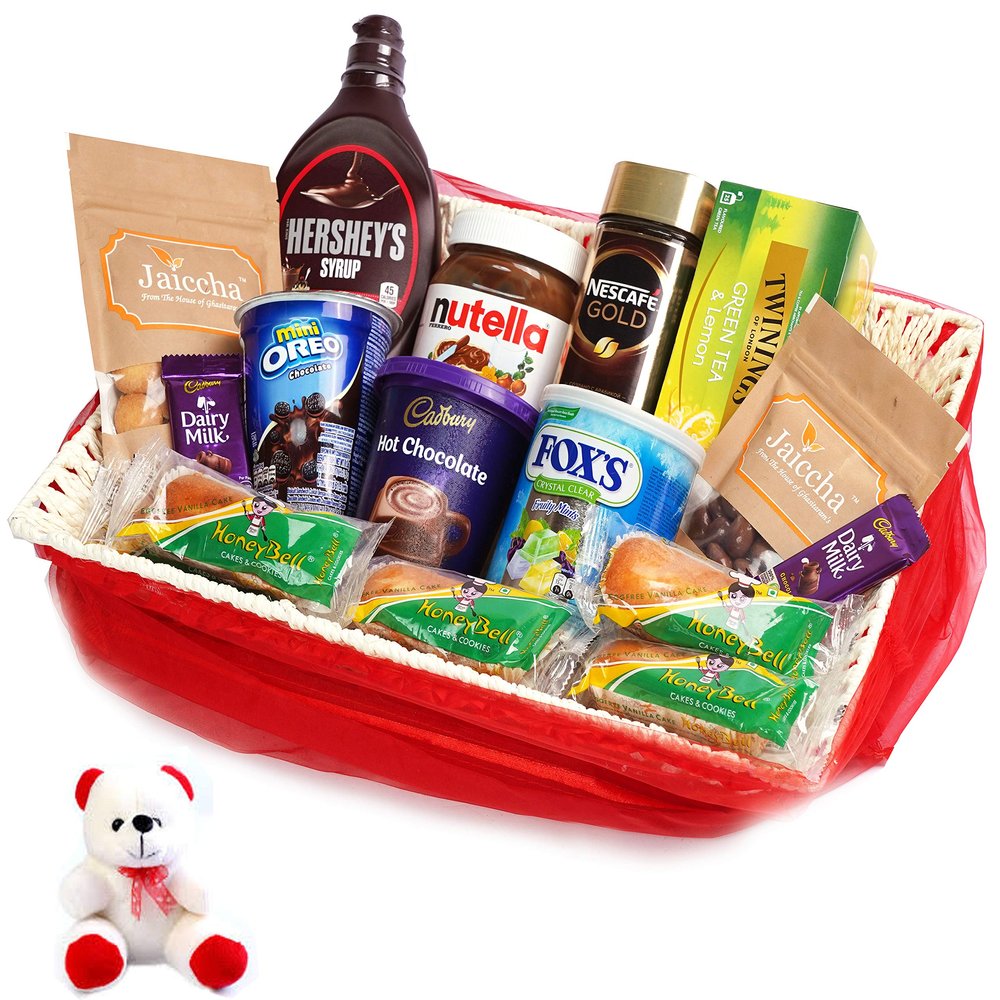 Jaiccha Ghasitaram Red Net Basket Hamper of 21 Goodies with Teddy|Gift for Diwali,Holi,Rakhi,Valentine,Christmas,Birthday,Anniversary,Her,Him|