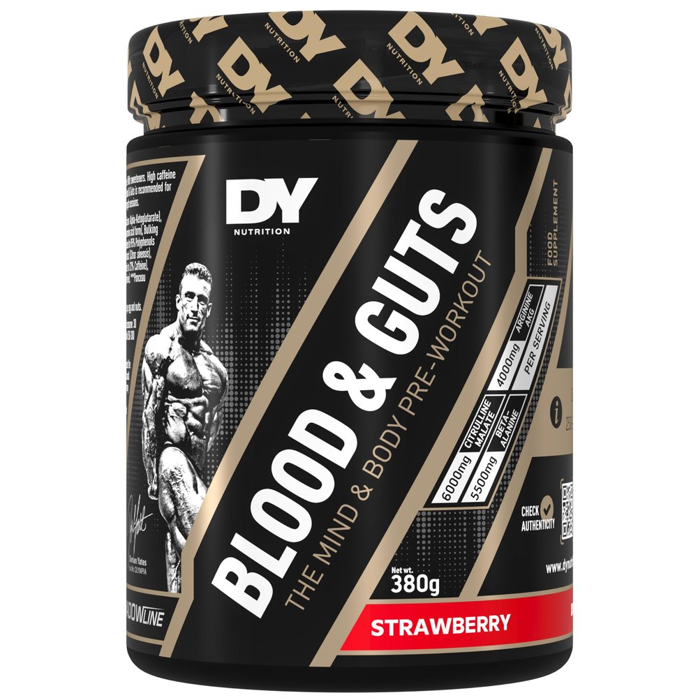 DY Nutrition - Blood & Guts Pre Workout Powder, 380g (Strawberry) - High Strength Preworkout with 350mg Caffeine, Citrulline Malate, Beta Alanine, Arginine AKG, L-Tyrosine, Vitamin B3 for Men & Women
