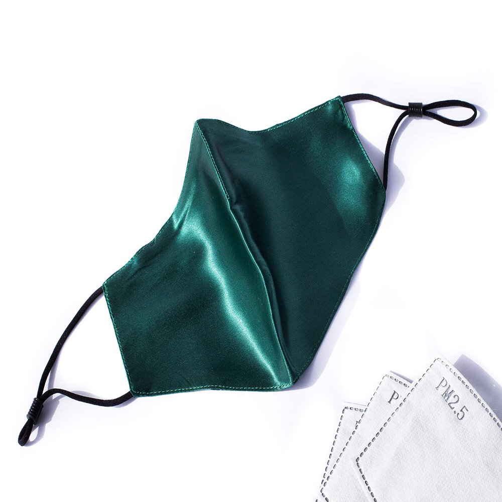 Habac Studio 100% Mulberry Silk Face Mask Pocket Filter Nose Wire 3 Layers. FREE 3x PM2.5 Filters Washable Adjustable UK (Green)