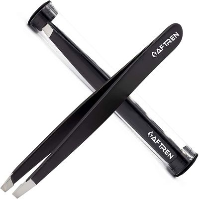 AFTREN Tweezers for facial hair women & men Professional Stainless Steel black color coated precision tweezers Slanted & Pointed Tip eyebrow tweezers for Ingrown Hair tweezers (Black)