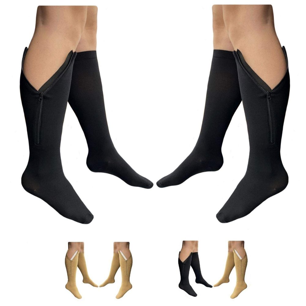 HealthyNees 2 Pairs Set Closed Toe 20-30 mmHg Zipper Compression Fatigue Swelling Circulation Knee Length Socks, Multi (2X-Large (2 Pair), Black)