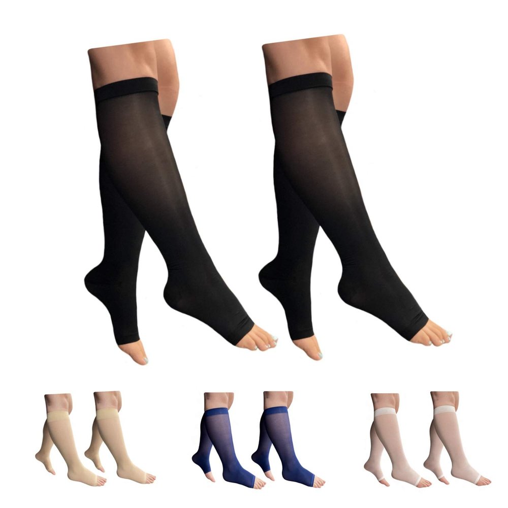 HealthyNees 2 Pair 8-15 mmHg Sheer Compression Leg Calf Shin Thin Open Toe Socks, Leg Compression Sleeve - black - X-Large