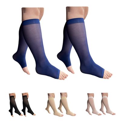 HealthyNees 2 Pair 8-15 mmHg Sheer Compression Leg Calf Shin Thin Open Toe Socks - blue - XXL (2 Pair)