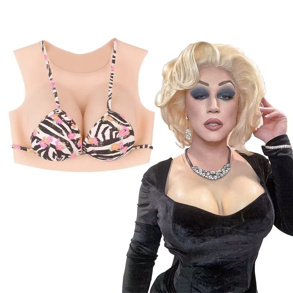 CDS - CROSSDRESSING SHOW - Silicone Breasts for Crossdresser Crew Neck Breast Prosthesis Transgender Realistic Silk Cotton C-G Cup, skin-coloured, C