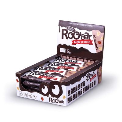 Roobar Chocolate Covered High Protein Almond Bar 100% Organic Vegan Bar. Dairy & Gluten Free, No Added Refined Sugar, 16 x 40g