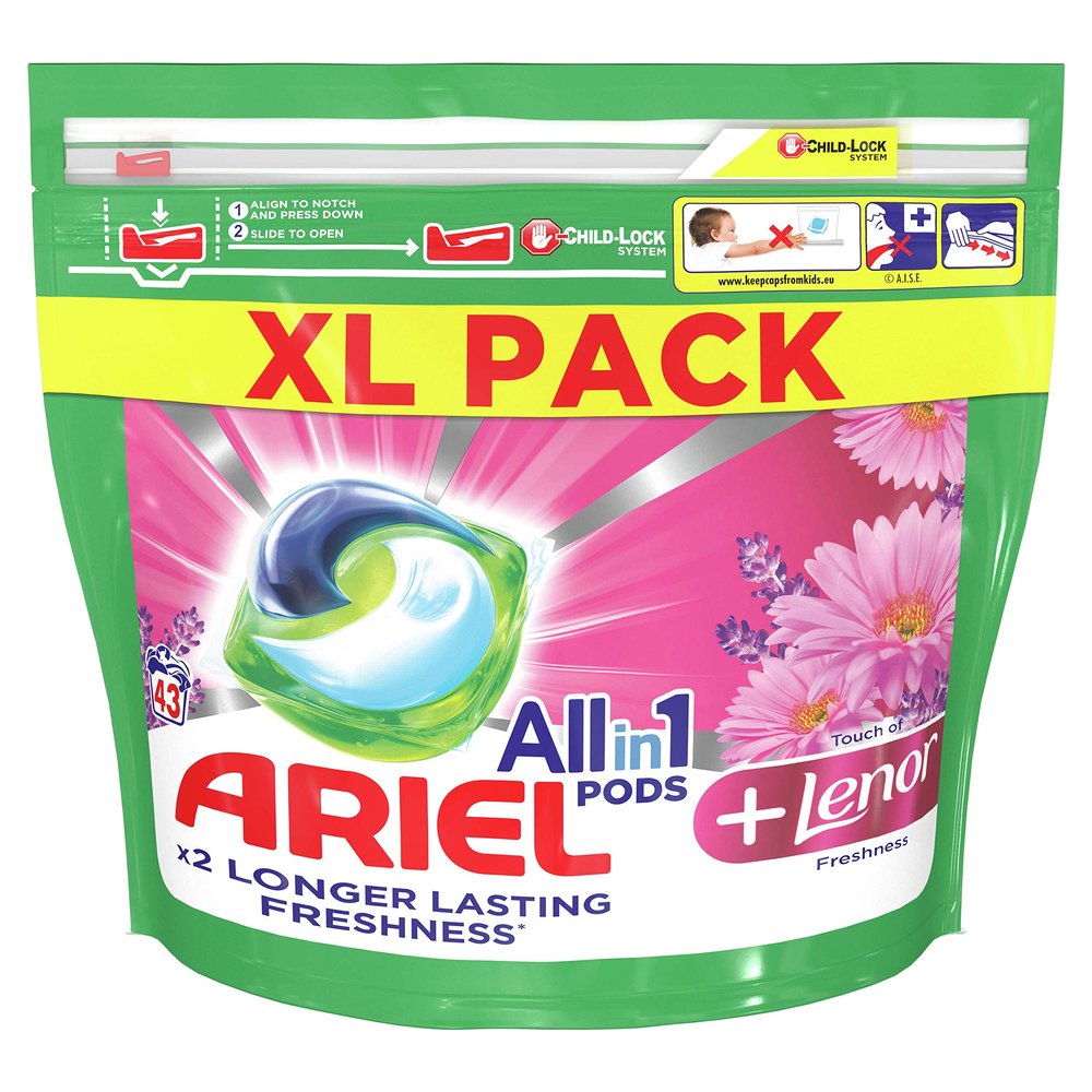 Ariel All-in-1 Pods +Lenor Freshness Washing Liquid Capsules, 43 Washes green