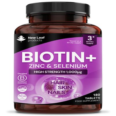 Biotin Hair Growth Vitamins 12,000mcg D-Biotin Tablets Enriched with Zinc & Selenium Vegan Beauty Hair Skin & Nails Vitamins for Women and Men High Strength - 3 Months Supply UK Made - New Leaf