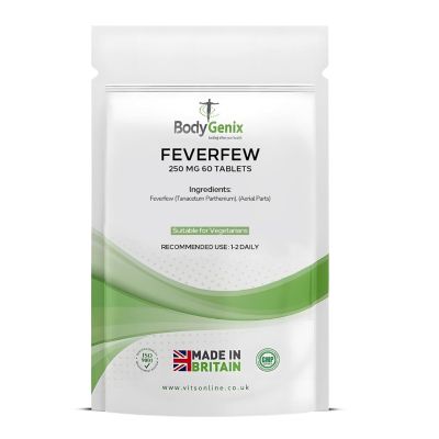 Bodygenix Feverfew 250mg Tablets - Migraine Headaches Relief Joints Health Anti Inflammatory Natural Supplement - 60 Tablets 2 Month Supply