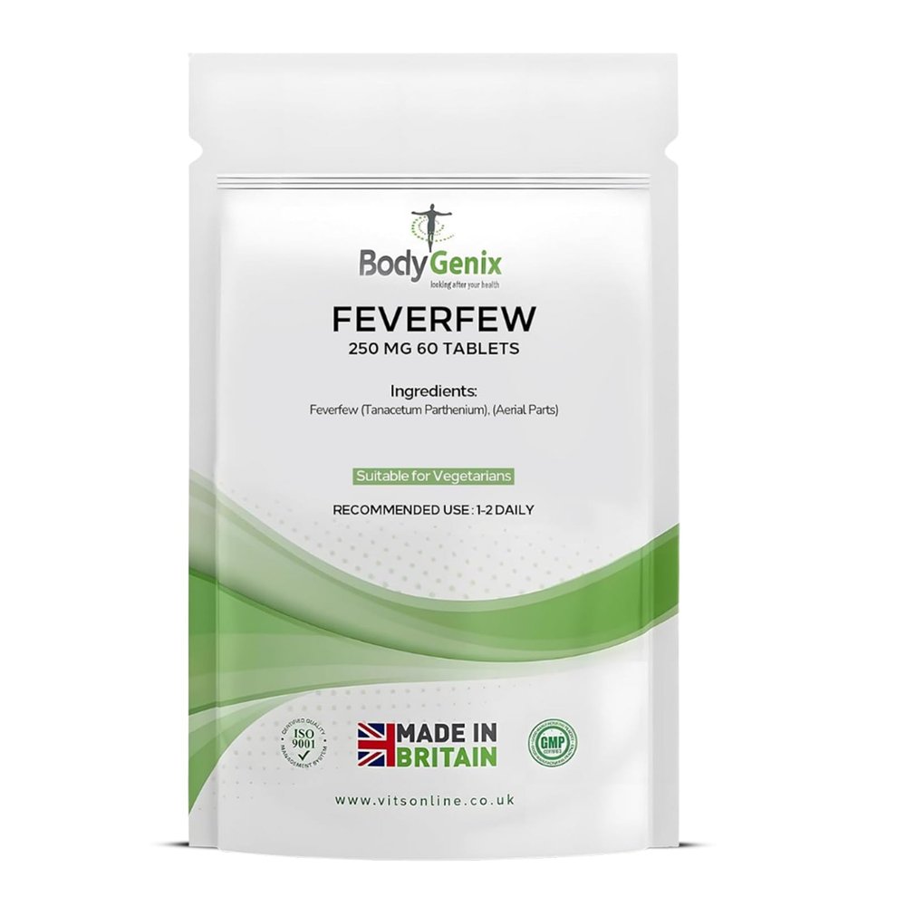 Bodygenix Feverfew 250mg Tablets - Migraine Headaches Relief Joints Health Anti Inflammatory Natural Supplement - 60 Tablets 2 Month Supply
