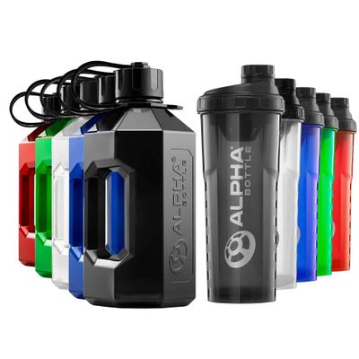 Alpha Designs 2 Pack Water Bottle (2.4L) & Protein Shaker Bottle (1L) Bundle - Gym Gifts for Men & Women - Black