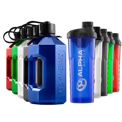 Alpha Designs 2 Pack Water Bottle (2.4L) & Protein Shaker Bottle (1L) Bundle - Gym Gifts for Men & Women - Blue