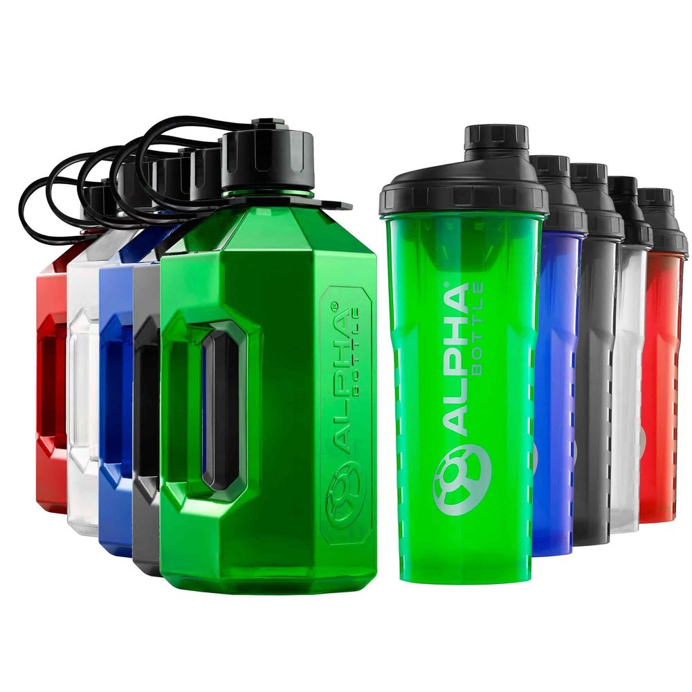 Alpha Designs 2 Pack Water Bottle (2.4L) & Protein Shaker Bottle (1L) Bundle - Gym Gifts for Men & Women - Green