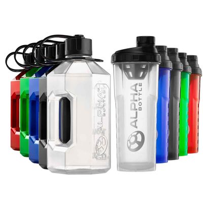 Alpha Designs 2 Pack Water Bottle (2.4L) & Protein Shaker Bottle (1L) Bundle - Gym Gifts for Men & Women - Clear