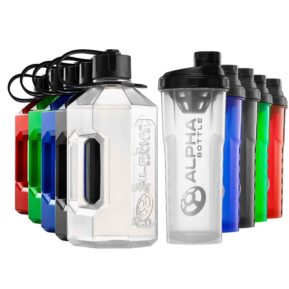 Alpha Designs 2 Pack Water Bottle (2.4L) & Protein Shaker Bottle (1L) Bundle - Gym Gifts for Men & Women - Clear