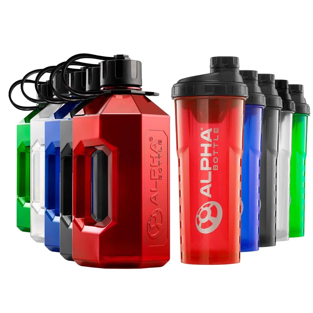 Alpha Designs 2 Pack Water Bottle (2.4L) & Protein Shaker Bottle (1L) Bundle - Gym Gifts for Men & Women - Red