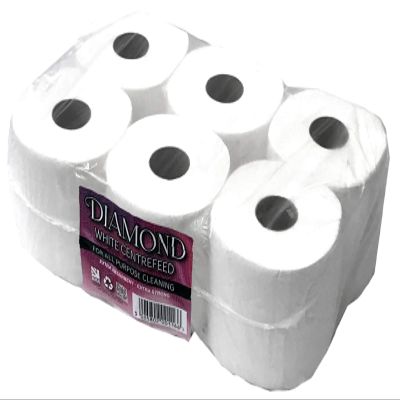 18 Pack White Diamond Centre Feed for Multi-Purpose Cleaning Super Absorbent 2 Ply 65M Rolls Kitchen Paper Towels
