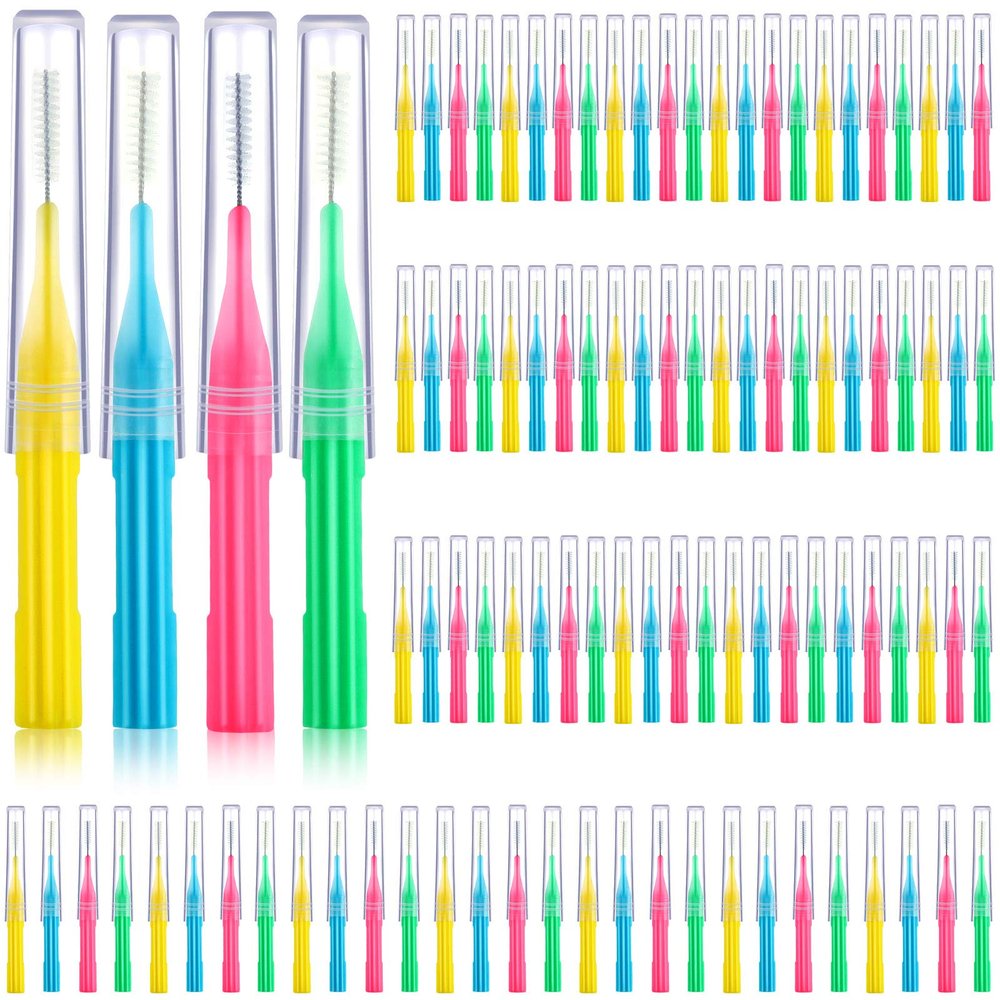 Patelai 100 Pieces Braces Brush for Cleaner Interdental Brush Toothpick Dental Flossing Head Oral Hygiene Flosser Tooth Cleaning Tool(Light Blue, Pink, Yellow, Light Green)