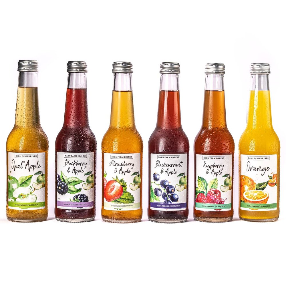 Barn Farm Drinks Fruit Juice Mixed Case - 12 Delicious Flavoured Fruit Juices - Soft Drinks - 6 Different Flavours - 100% Fruit Juice - 1 of Your 5 Day - 275ml Glass Bottles