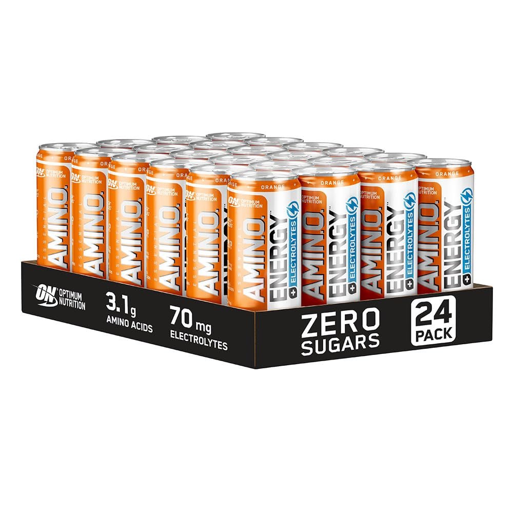 Optimum Nutrition Essential Amino Energy + Electrolytes, Ready to Drink Sugar Free EAA Energy Drink with Electrolytes and Caffeine, Workout Supplement for Men and Women, Orange, 24x250 ml