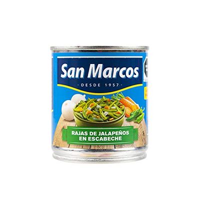 SAN MARCOS Marinated green jalapeos chillies in strips, can 215g - drained weight 118g - Rajas de Chiles Jalapeos en Escabeche, 215g