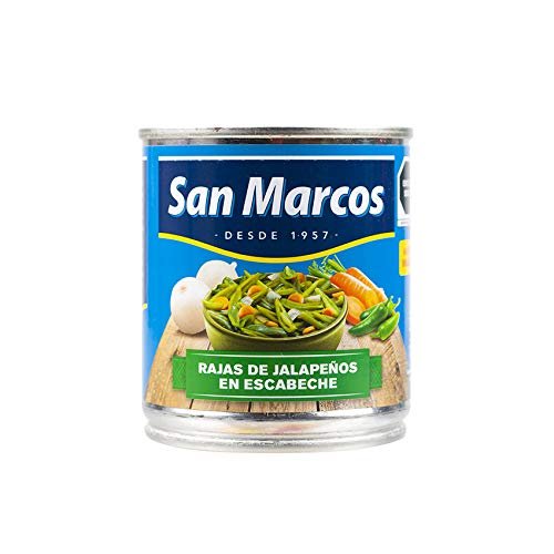 SAN MARCOS Marinated green jalapeos chillies in strips, can 215g - drained weight 118g - Rajas de Chiles Jalapeos en Escabeche, 215g