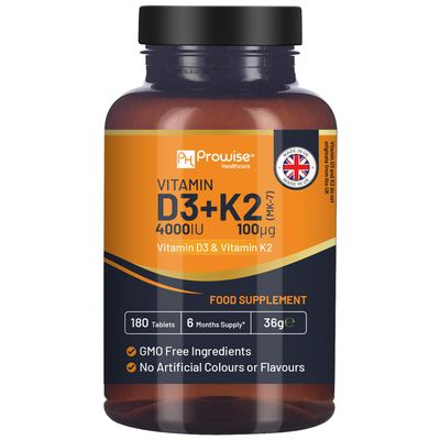 Vitamin D3 4000IU & K2 MK7 100g Vegetarian Tablets I 180 (6 Months Supply) I Easy to Swallow Supplement for Immune Support, Calcium Boost, Bone & Muscle I Made in The UK by Prowise Healthcare