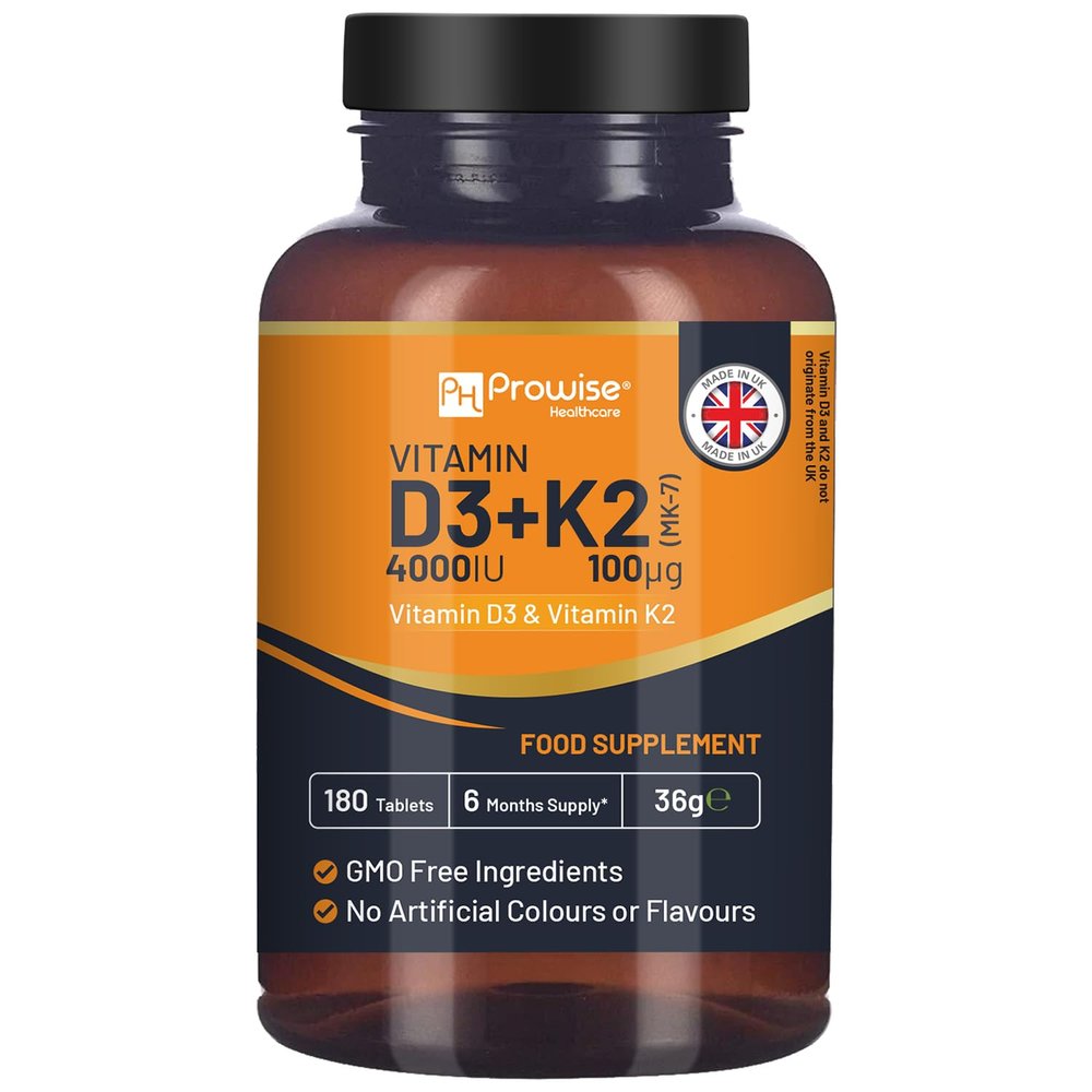 Vitamin D3 4000IU & K2 MK7 100g Vegetarian Tablets I 180 (6 Months Supply) I Easy to Swallow Supplement for Immune Support, Calcium Boost, Bone & Muscle I Made in The UK by Prowise Healthcare