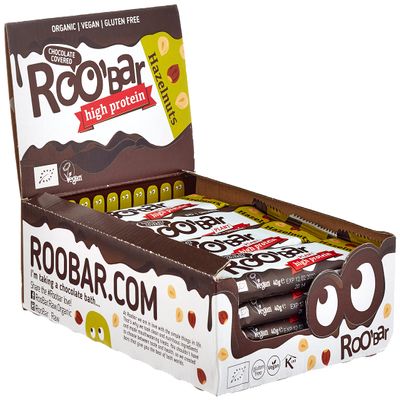 Roobar Chocolate Covered High Protein Hazelnut Bar  100% Organic Vegan Bar for Optimum Nutrition. Dairy & Gluten Free, No Added Refined Sugar, 16 x 40g Bars