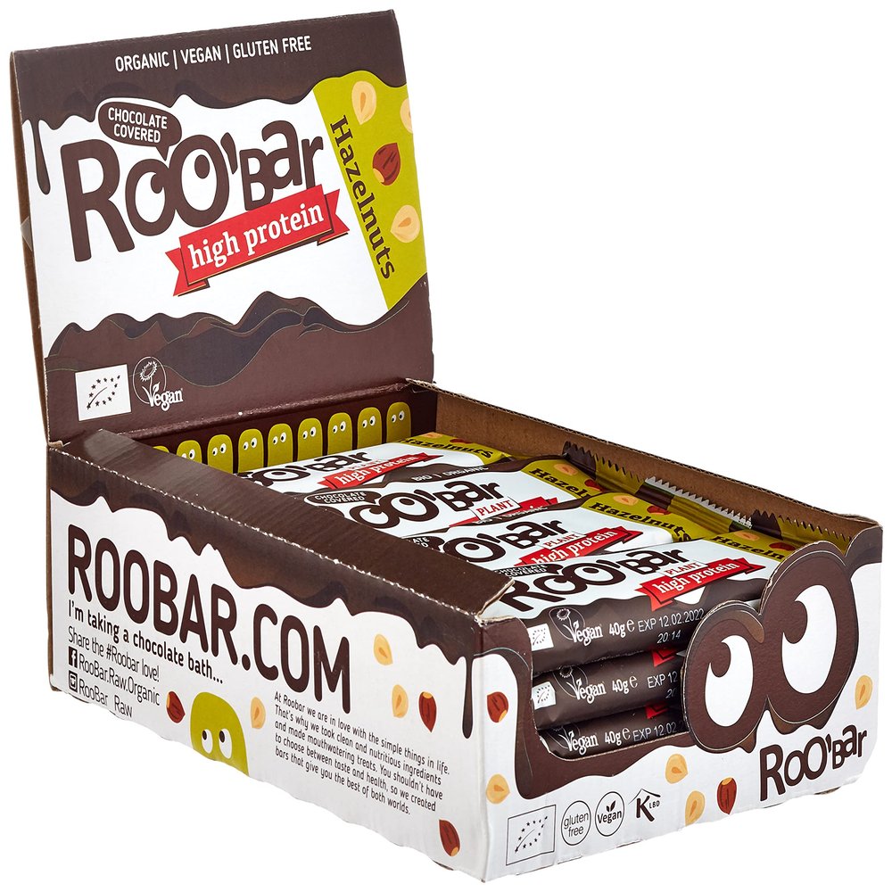 Roobar Chocolate Covered High Protein Hazelnut Bar  100% Organic Vegan Bar for Optimum Nutrition. Dairy & Gluten Free, No Added Refined Sugar, 16 x 40g Bars