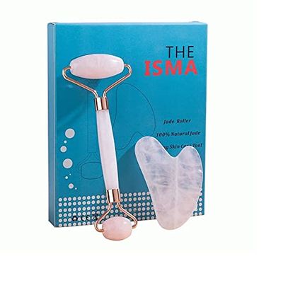 100% Natural Rose Quartz Jade Roller & Gua Sha Set, Jade Facial Roller Double Neck Healing Slimming Massager Anti-Aging, De-Puffing, Detoxifying, Brightening, and Refreshes Skin Tool
