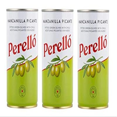 Perello Manzanilla Spicy Pitted Green Olives | Premium Individually Hand Processed Olives | Marinated with Guindilla Chilies | Gluten-Free | Imported from Spain | 150g Tin (Pack of 3)