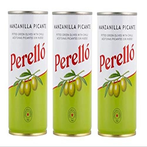 Perello Manzanilla Spicy Pitted Green Olives | Premium Individually Hand Processed Olives | Marinated with Guindilla Chilies | Gluten-Free | Imported from Spain | 150g Tin (Pack of 3)