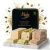 Mughe Gourmet Halvah Assortment 1.88lb (850g) Tin Gift Box - 3 Delicious Vegan Marble Tahini Halvah Bars Pistachio, Cocoa, Vanilla -Flaky Turkish Halawa Gifts- Perfect Gifts for Birthdays, Fathers Day view 1