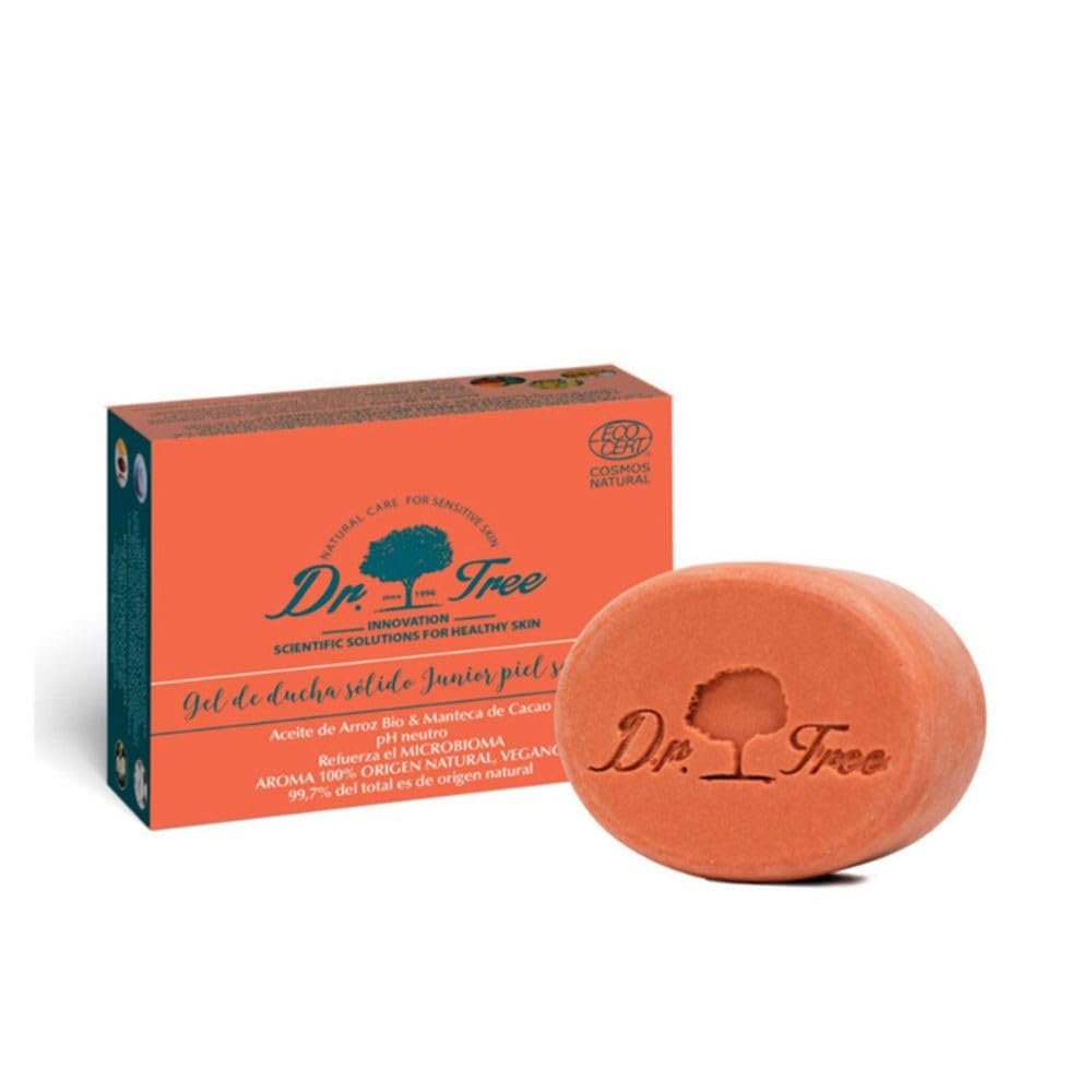 Dr. Tree Organic Solid Shower Gel Junior Sensitive Skin Strengthens Microbiome 99.7% Natural Ingredients Organic Rice Oil and Cocoa Butter Suitable for Vegans, Plastic-Free 75 g