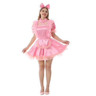 JOLINE Sissy Sikly Satin Fancy Pink Dress Uniform Crossdressing Costume (M) Pink