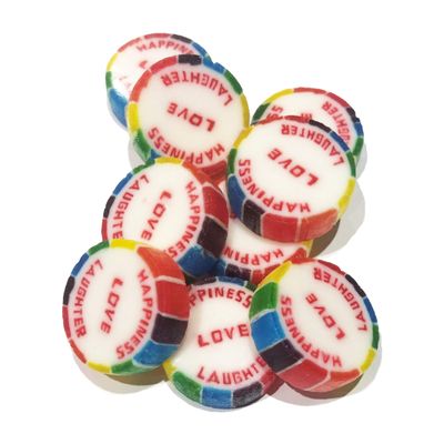 100 Rainbow HAPPINESS LOVE LAUGHTER wrapped rock candy sweets Pink Lemonade Flavour - suitable for vegans