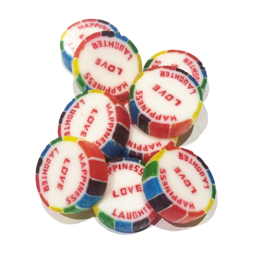 100 Rainbow HAPPINESS LOVE LAUGHTER wrapped rock candy sweets Pink Lemonade Flavour - suitable for vegans