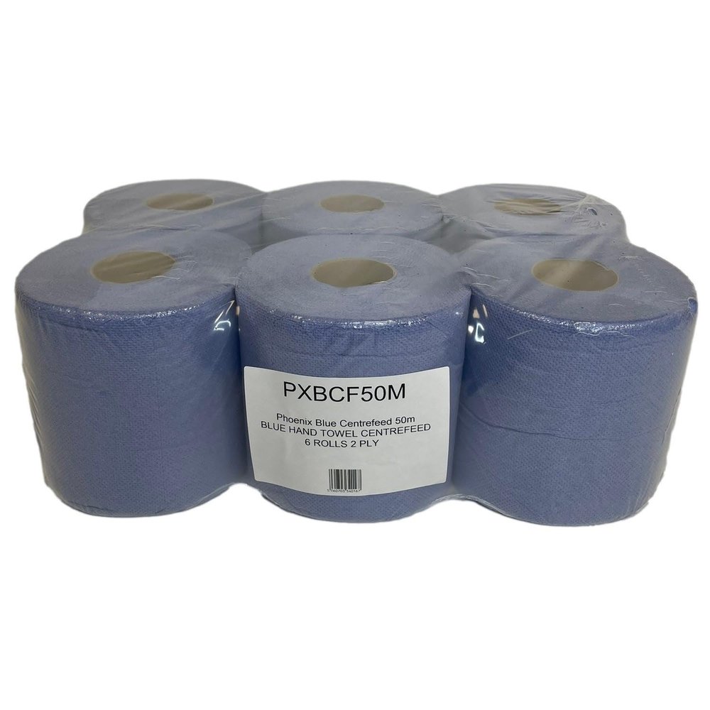 Blue Centre Feed Paper Roll - 2 Ply, 6 Pack | Strong, Absorbent Cleaning Towel for Kitchen, Industrial & Commercial Use | Embossed Wipe Tissue for Dispensers
