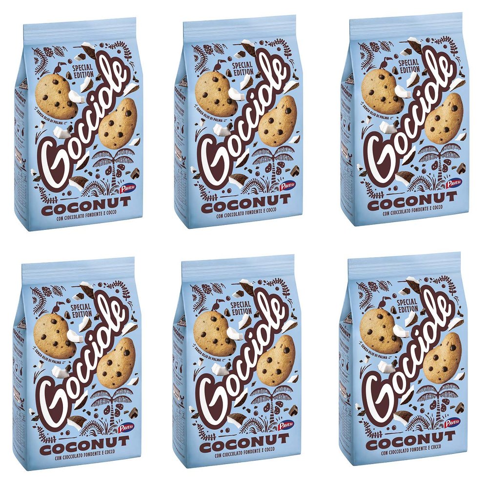 6X Barilla Pavesi Gocciole Coconut Shortbread Cookies with Dark Chocolate and Coconut Biscuits with Chocolate Chips 320g