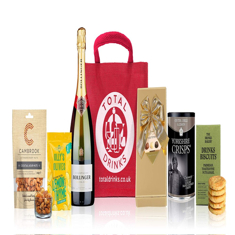 Bollinger Champagne 75cl Gift Hamper with Chocolates, Biscuits, Nuts, Crisps and Olives