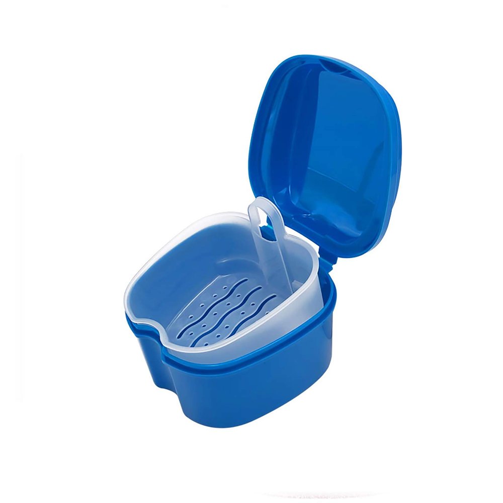 Denture Box PP Material False Teeth Storage Case Cleaning Tools with Filter Portable, Reducing Bacterial Growth(Dark Blue)