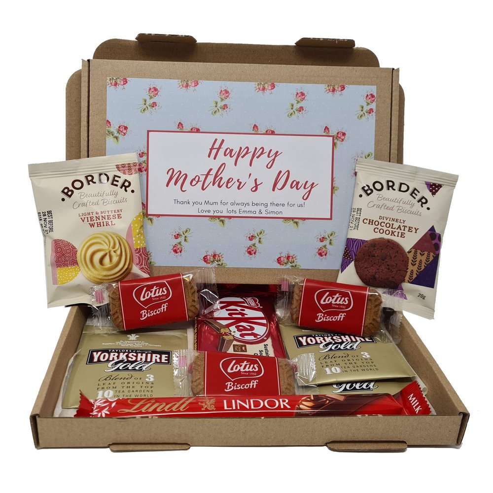 Personalised Mother's Day Tea Treat Box Drink Hamper Biscuits, Take a break, Pick me up, Afternoon tea, hamper gift, gift for Mum - Lockdown - Hug in a box - (Blue Floral)